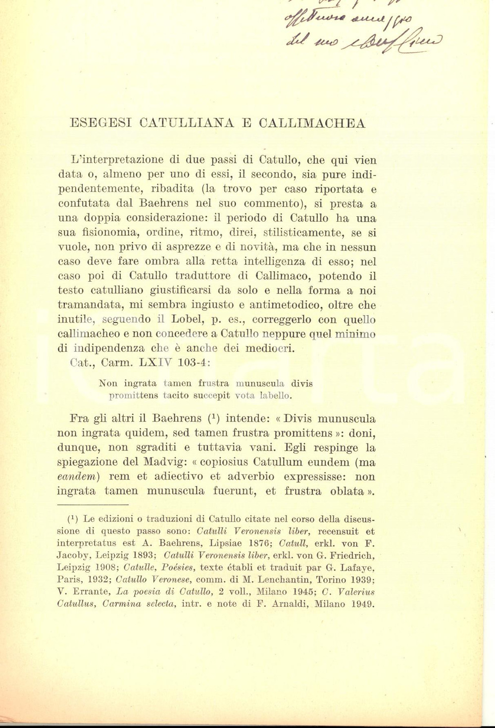Libro, pubblicazione d epoca 1958 Antonino LUPPINO Esegesi catulliana e callimachea Invio AUTOGRAFO 14 pp. 1
