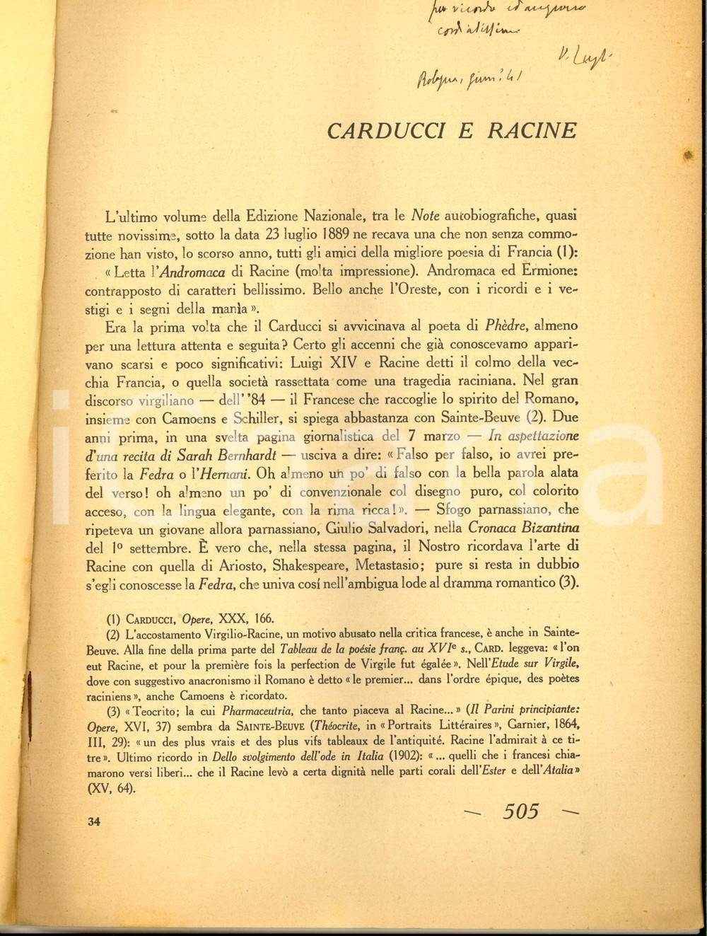 Libro, pubblicazione d epoca 1941 Vittorio LUGLI Carducci e Racine estratto da Convivium invio AUTOGRAFO 1