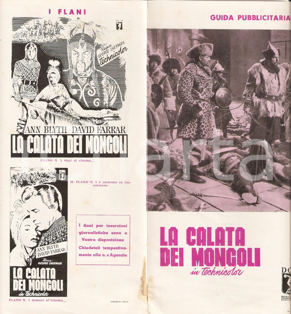 Materiale pubblicitario d’epoca 1951 LA CALATA DEI MONGOLI Guida pubblicitaria al film Pieghevole ILLUSTRATO 1