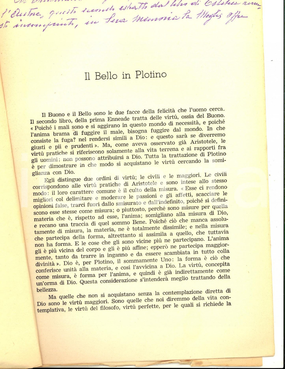 Libro, pubblicazione d epoca 1953 Giulio Augusto LEVI Il bello in Plotino Estratto con invio autografo 10 pp 1