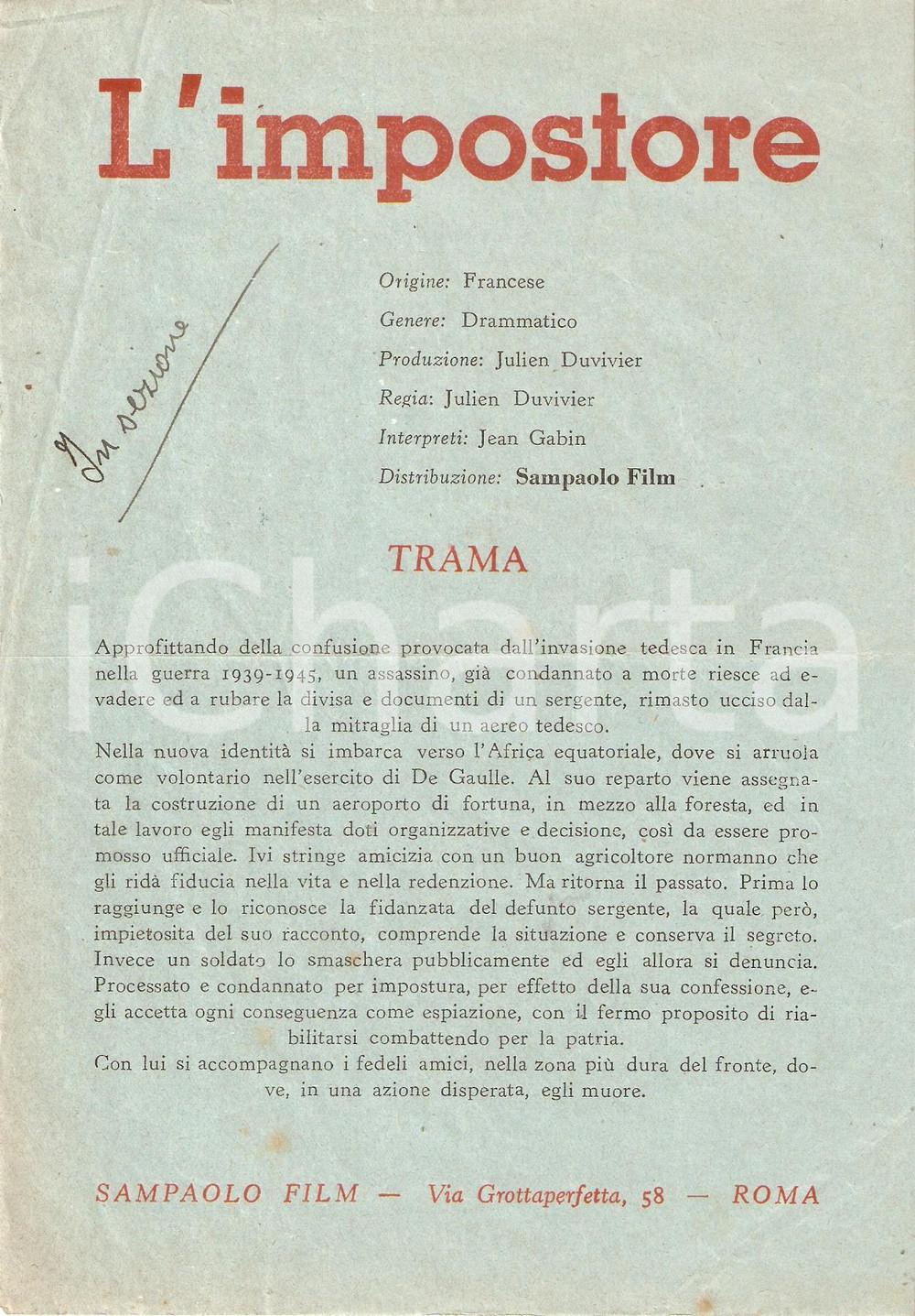 Materiale pubblicitario d’epoca 1949 SAMPAOLO FILM presenta L IMPOSTORE con Jean GABIN Volantino 16x23 cm 1