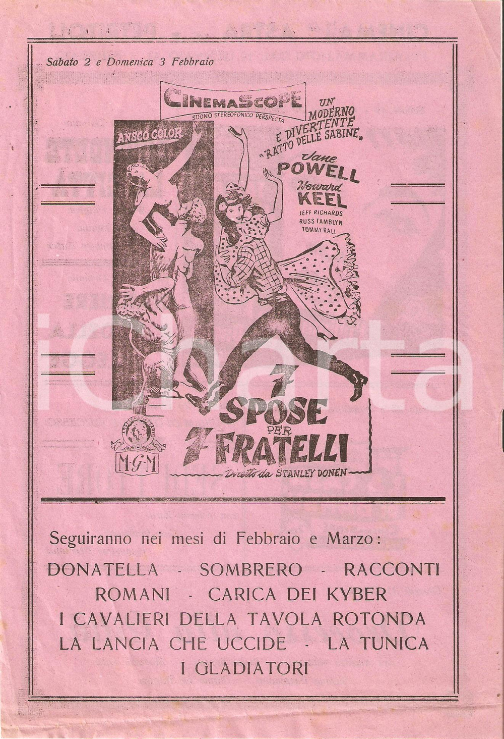 Materiale pubblicitario d’epoca 1955 PETRITOLI Cinema ASTRA Volantino programmazione 7 SPOSE PER 7 FRATELLI 1