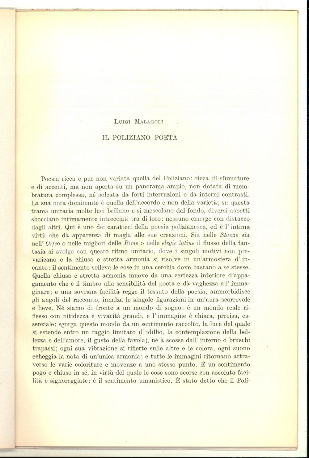 Libro, pubblicazione d epoca 1950 ca Luigi MALAGOLI Il Poliziano poeta Estratto 14 pp. 1