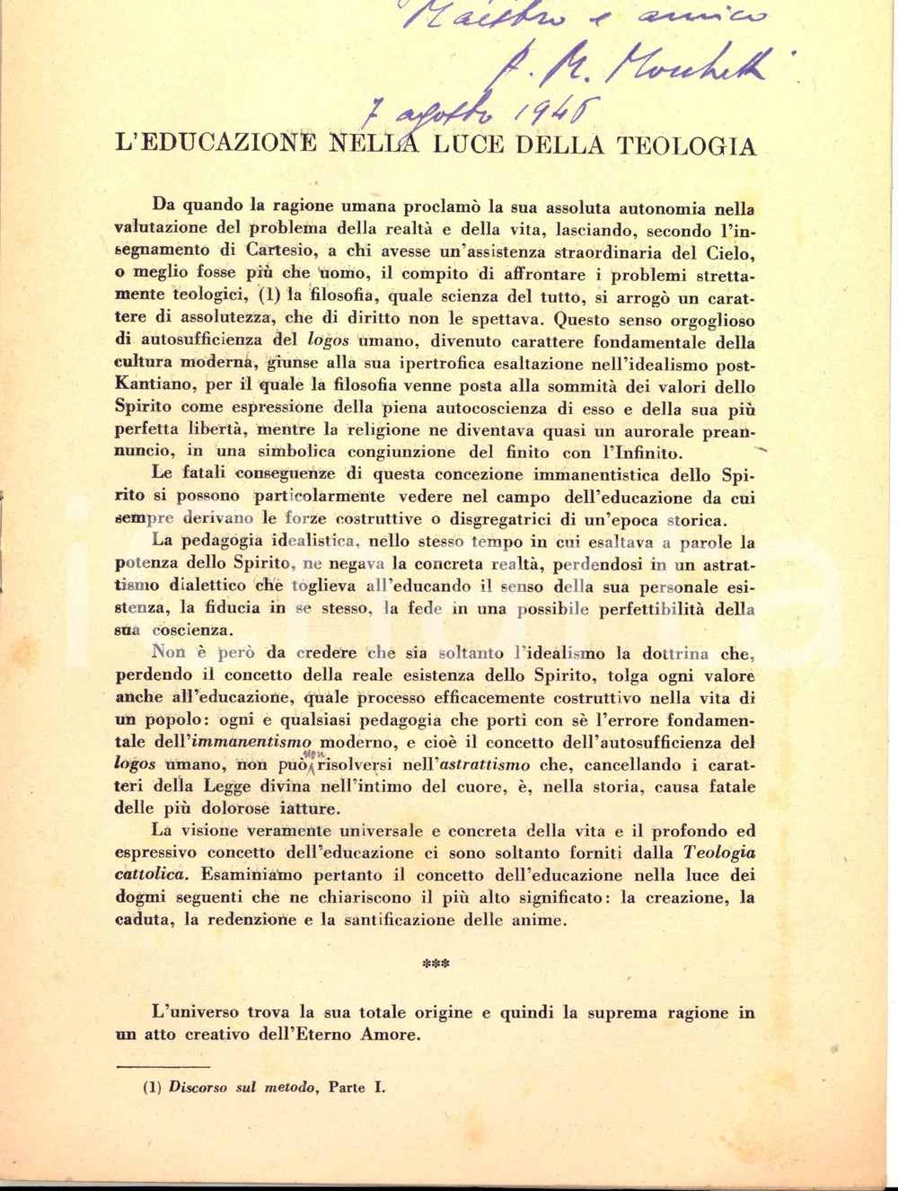 Libro, pubblicazione d epoca 1946 Andrea Mario MOSCHETTI L educazione nella luce della teologia Autografo 1