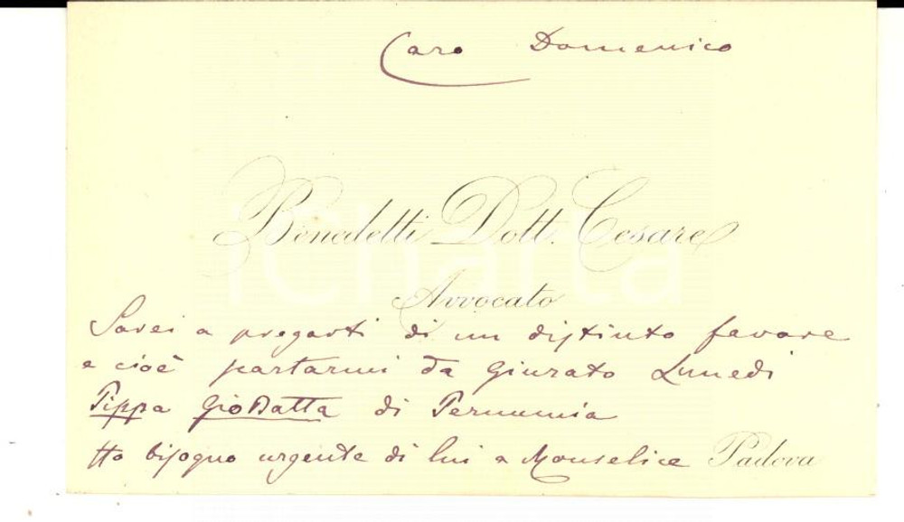 Autografo originale 1910 ca PADOVA Avvocato Cesare BENEDETTI Biglietto da visita autografo 1