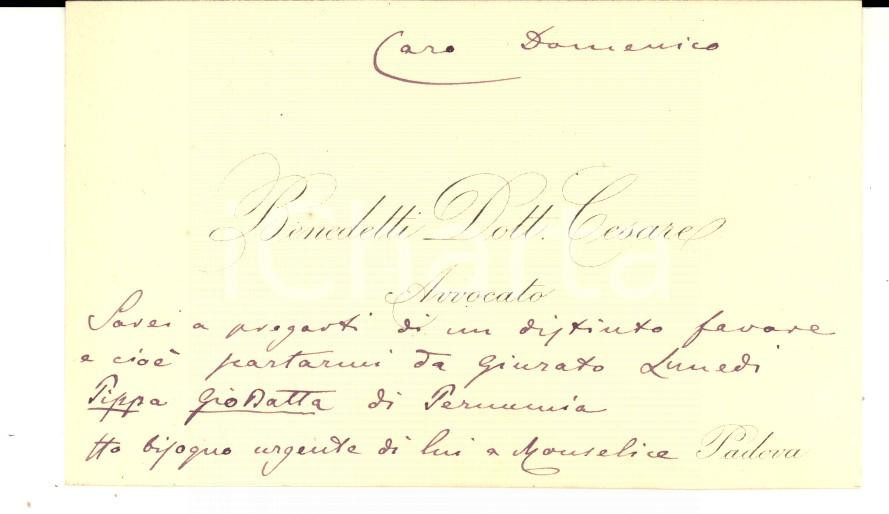 Autografo originale 1910 ca PADOVA Avvocato Cesare BENEDETTI Biglietto da visita autografo 1