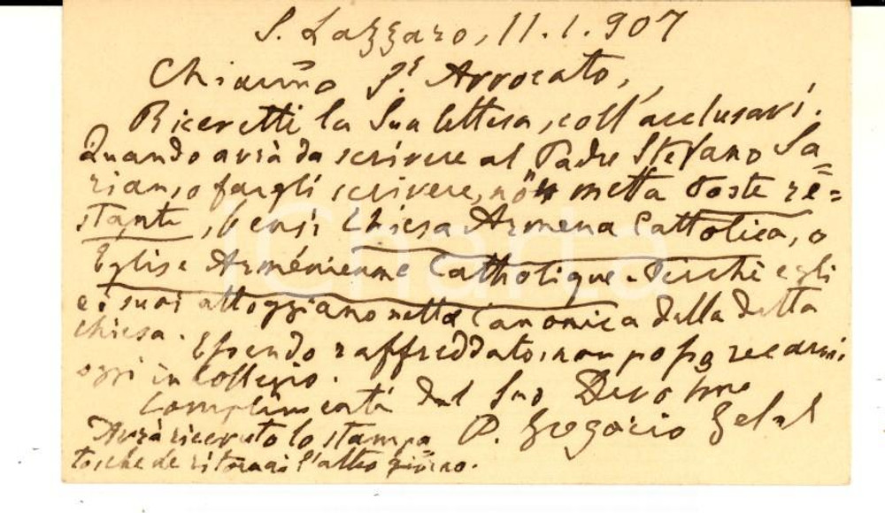 Autografo originale 1907 MEOLO VE Padre Gregorio GELAL mechitarista Biglietto da visita autografo 1
