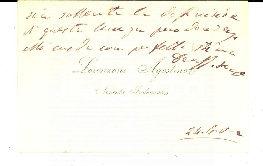 Autografo originale 1902 NOVENTA PADOVANA Agostino LORENZONI  Biglietto da visita autografo 1