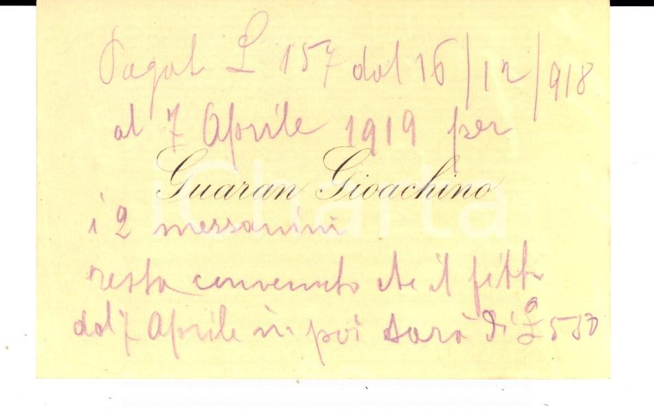 Autografo originale 1918 PADOVA Gioachino GUARAN imprenditore Biglietto da visita autografo 1