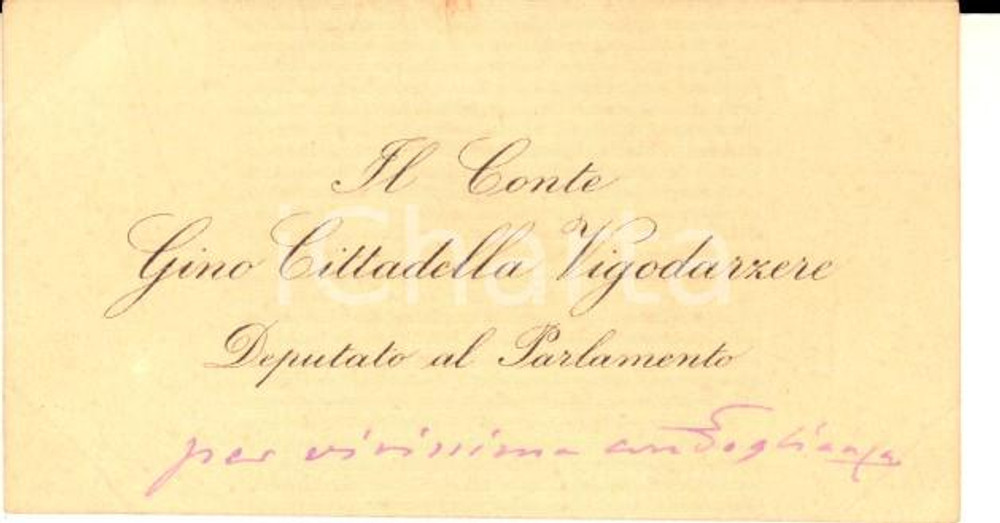 Autografo originale 1910 ca PADOVA Conte Gino CITTADELLA VIGODARZERE  Biglietto da visita autografo 1