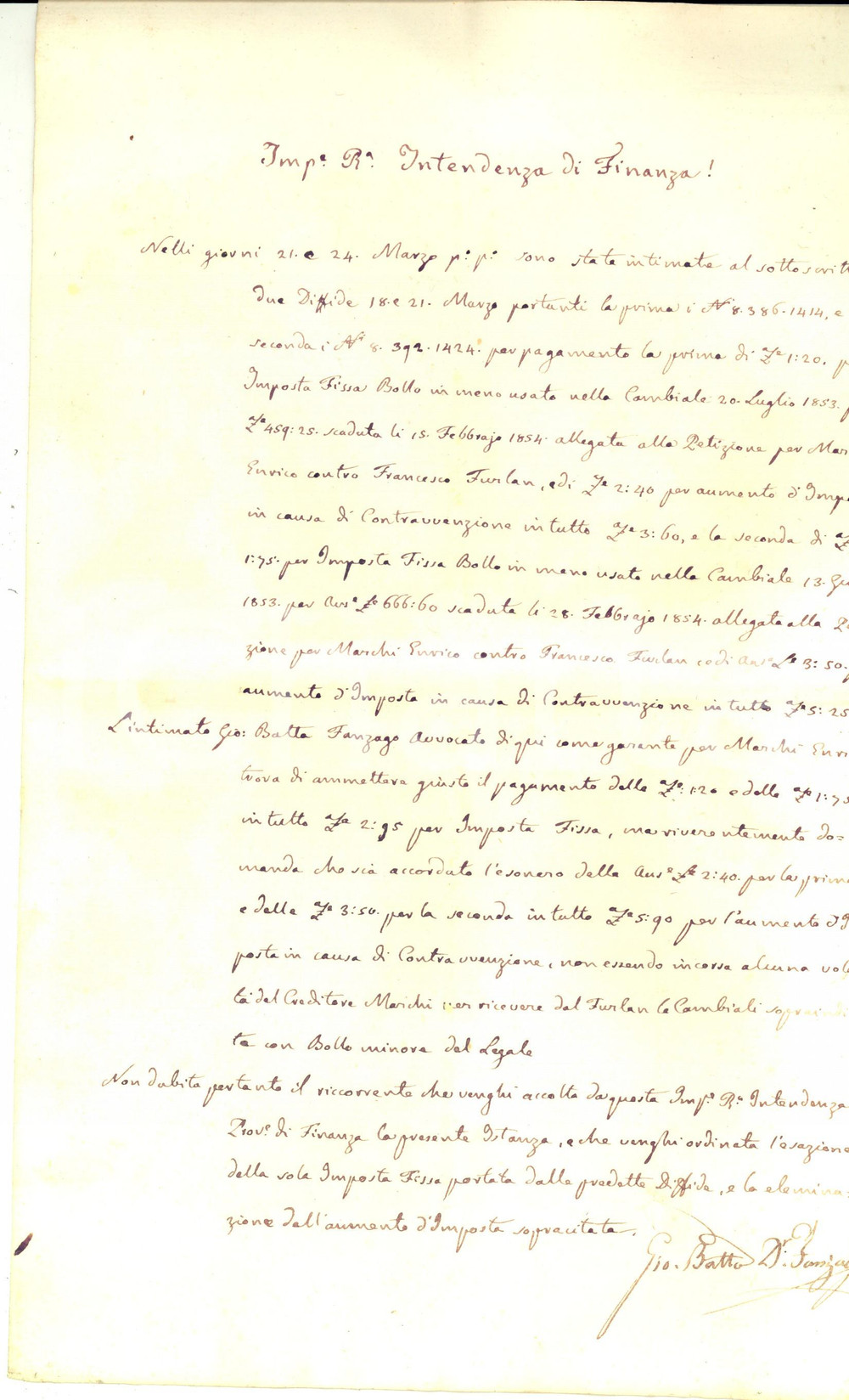 1854 PADOVA Istanza avv. Giovanni Battista FANZAGO per esonero pro Enrico MARCHI