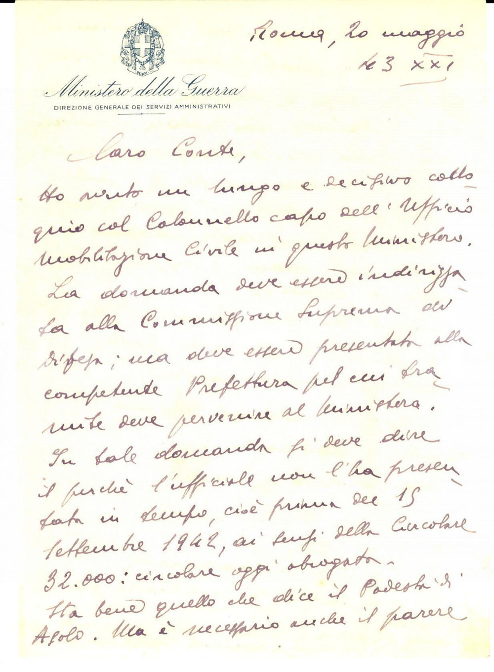 Manoscritto, lettera originale 1943 WW2 MINISTERO DELLA GUERRA Funzionario QUARANTA su produzione aziendale 1