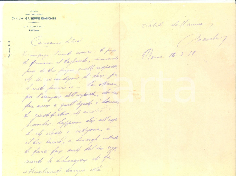 Manoscritto, lettera originale 1918 PADOVA Lettera avv. Giuseppe BIANCHINI per pratica di esenzione 1