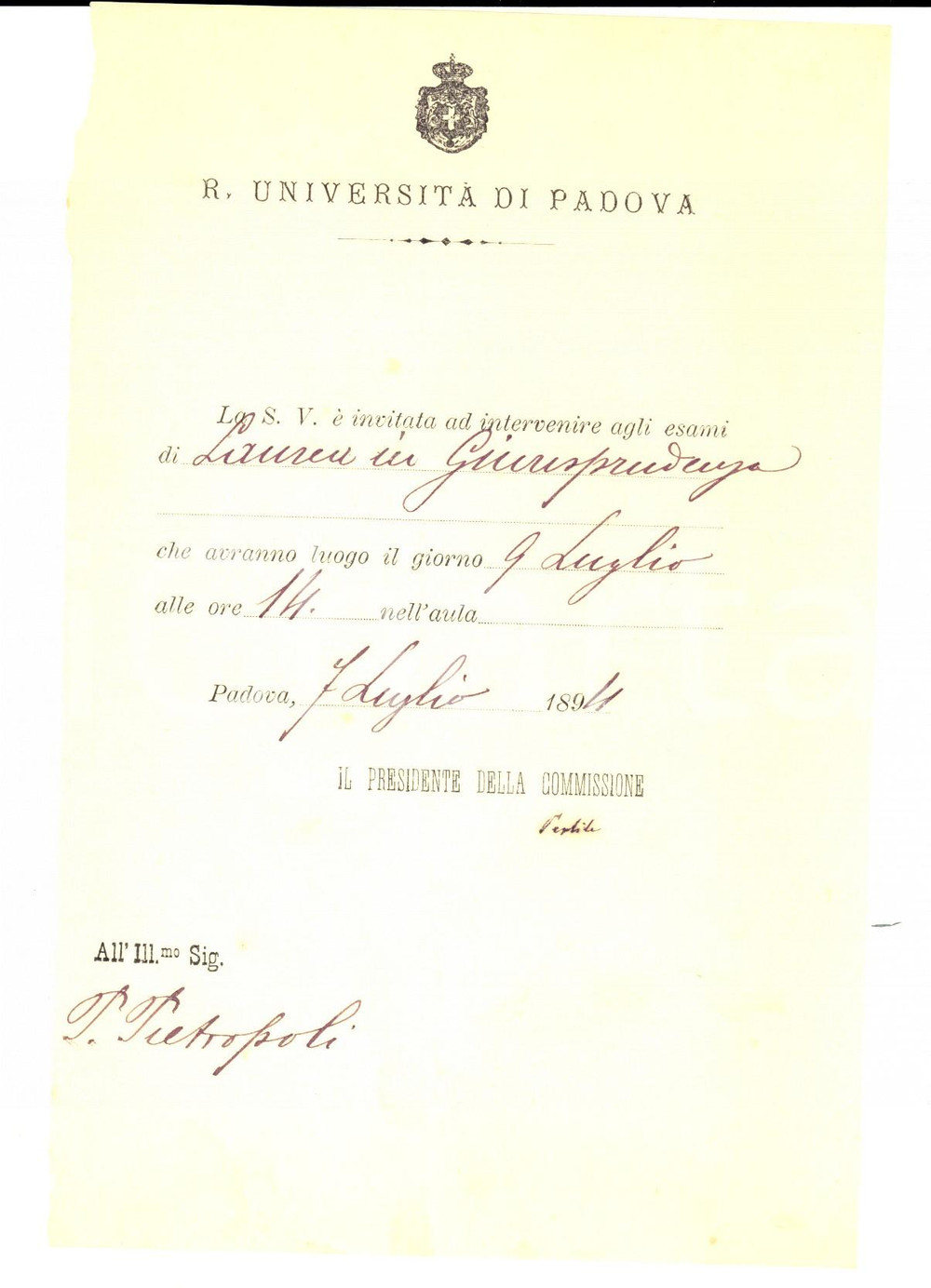Manoscritto, lettera originale 1894 UNIVERSITA  DI PADOVA Invito a P. PIETROPOLI per laurea in giurisprudenza 1