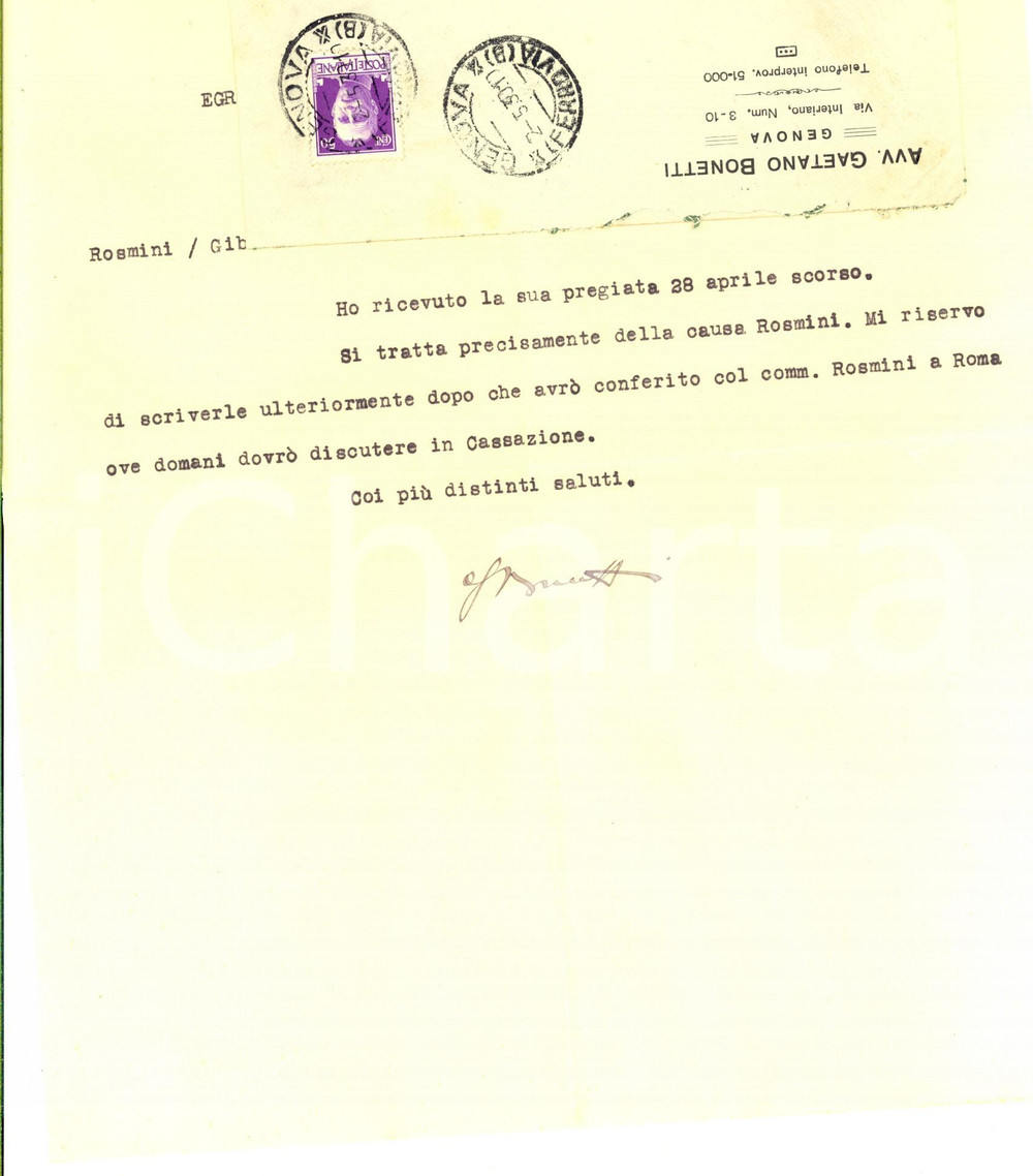 Manoscritto, lettera originale 1930 GENOVA Avv. Gaetano BONETTI  Lettera per causa Gino ROSMINI  Autografo 1