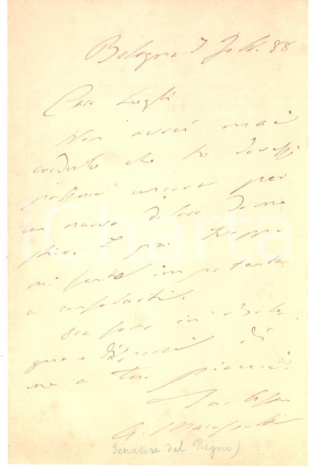 1888 BOLOGNA Condoglianze Angelo MARESCOTTI a Vittorio LUGLI *AUTOGRAFO