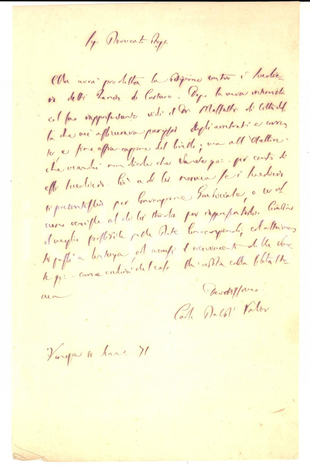 Manoscritto, lettera originale 1871 VENEZIA Carlo BALBI VALIER si interessa a una causa legale Lettera 1