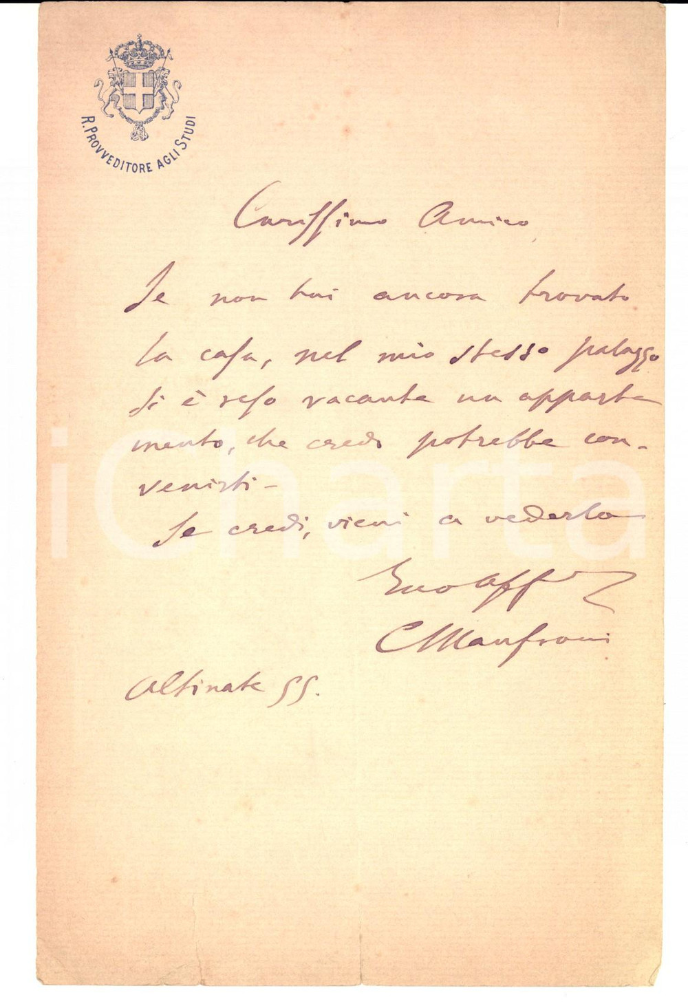 Autografo originale 1890 ca PADOVA Provveditore Camillo MANFRONI segnala casa a un amico Autografo 1