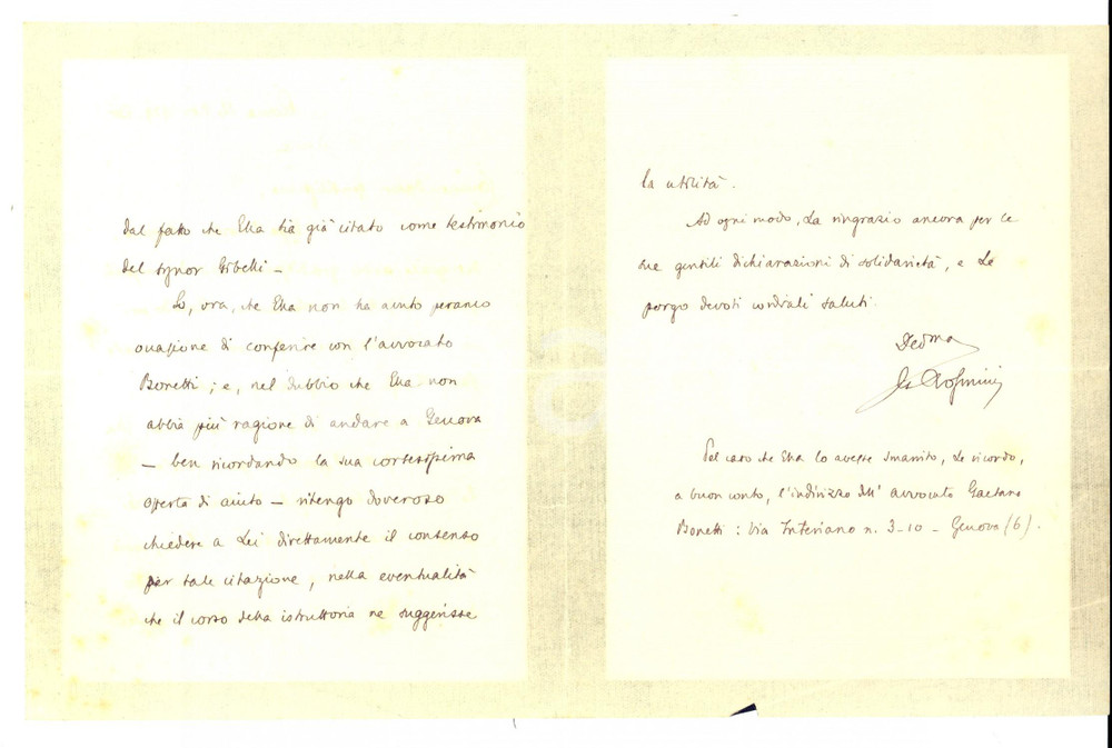 Manoscritto, lettera originale 1929 ROMA Comm. Gino ROSMINI chiede testimonianza con padre SEMERIA Autografo 1
