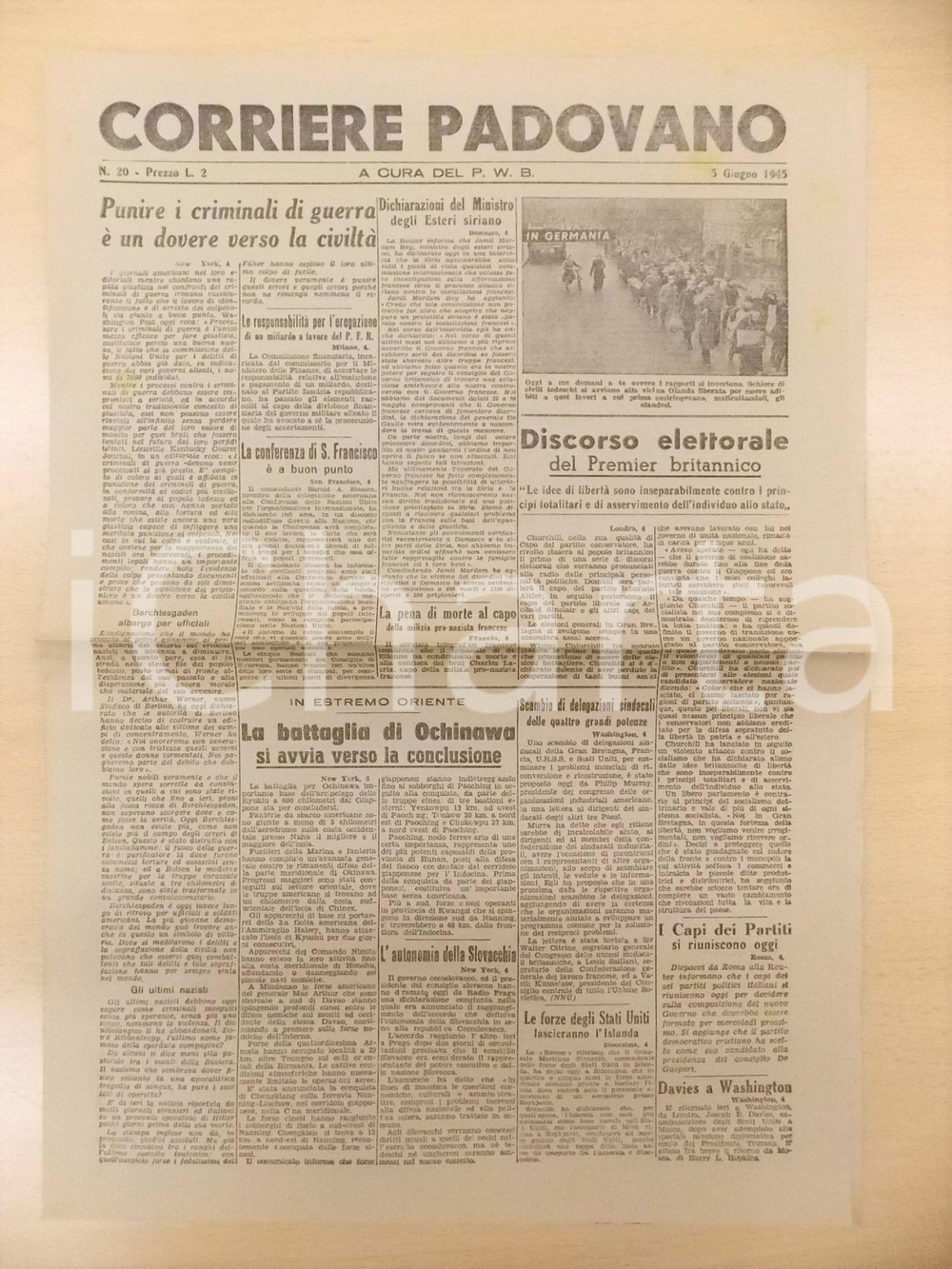 Giornale, rivista storica 1945 CORRIERE PADOVANO Punire i criminali di guerra nazisti Giornale P.W.B. 1 1