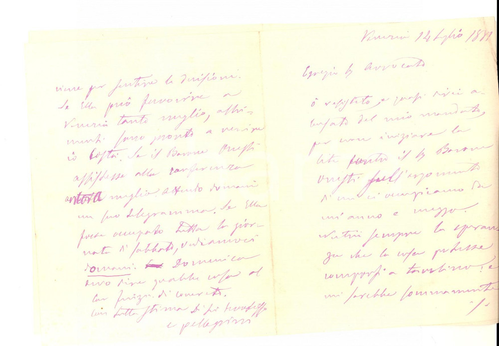 Manoscritto, lettera originale 1881 VENEZIA Avv. Clemente PELLEGRINI contro le lungaggini di una causa Lettera 1