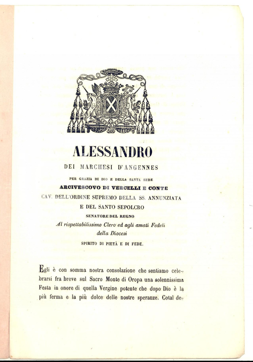Documento originale, autentico 1858 VERCELLI Mons. Alessandro D ANGENNES Feste al santuario di Oropa 4 pp. 1