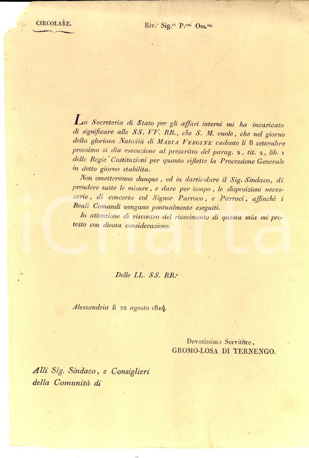 Documento originale, autentico 1814 ALESSANDRIA Processione per festa NativitÃ  della Vergine Documento 1