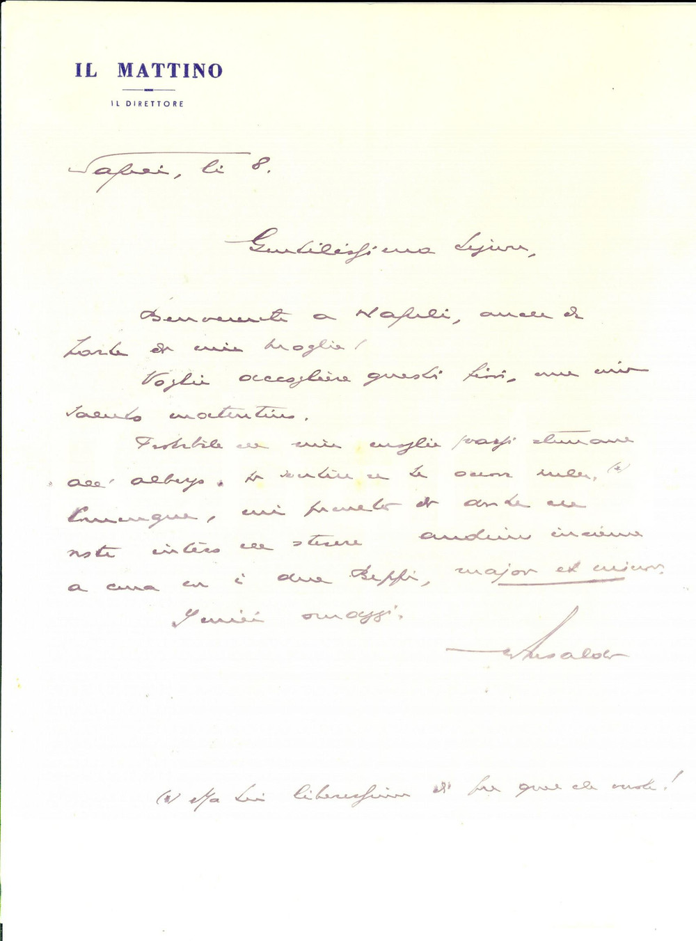 Autografo originale 1960 NAPOLI IL MATTINO Giovanni ANSALDO invia mazzo di fiori Lettera autografa 1