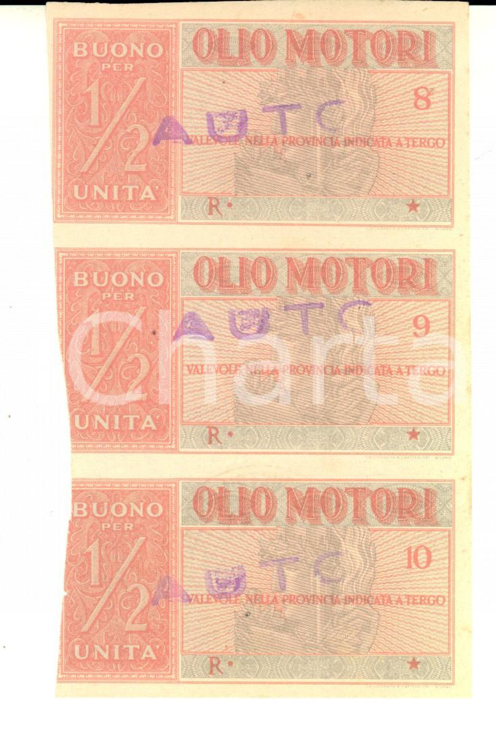 Documento originale, autentico 1948 ASTI Buoni per 1/2 unitÃ  di olio motori per automobile  Timbri 1