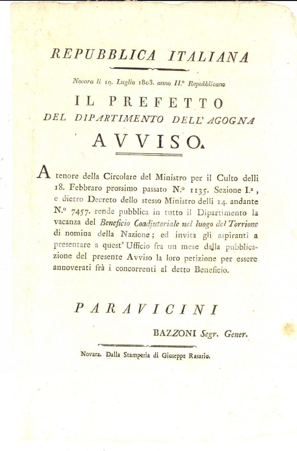 Documento originale, autentico 1803 REPUBBLICA ITALIANA NOVARA Vacanza beneficio del TORRIONE Manifesto 1