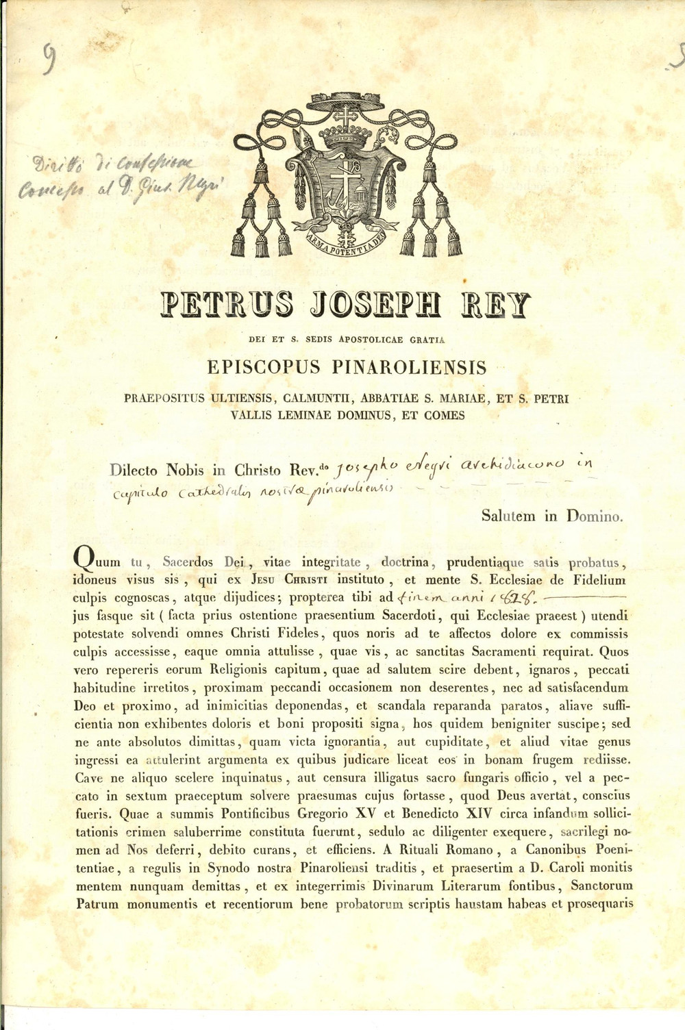 Documento originale, autentico 1828 PINEROLO Diritto di confessione concesso all arcidiacono don Giuseppe NEGRI 1