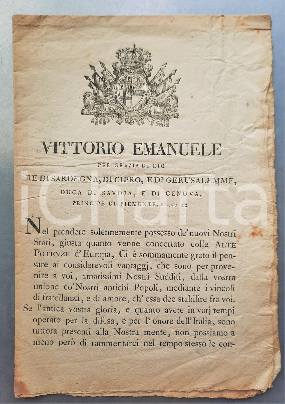 Documento originale, autentico 1815 REGNO DI SARDEGNA Editto nomina Ignazio THAON DI REVEL plenipotenziario 1