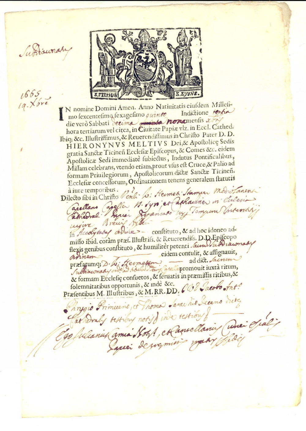 Documento originale, autentico 1665 MILANO Ordine Subdiaconato a don Giovanni Ermete STAMPA cappellano SAN SIRO 1