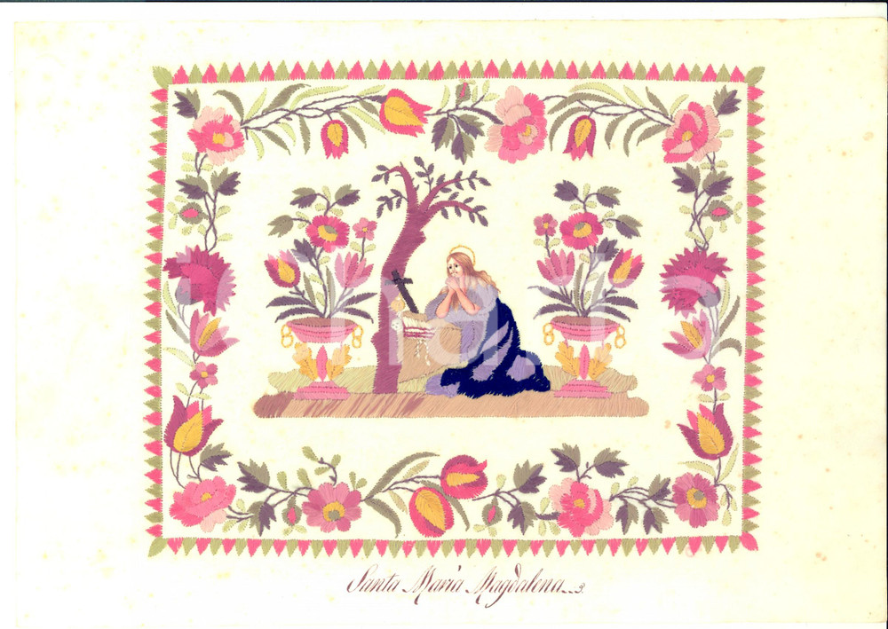 Opera d’arte autentica Inizio  900 SANTA MARIA MADDALENA penitente Ricamo a mano su carta 30x21 1