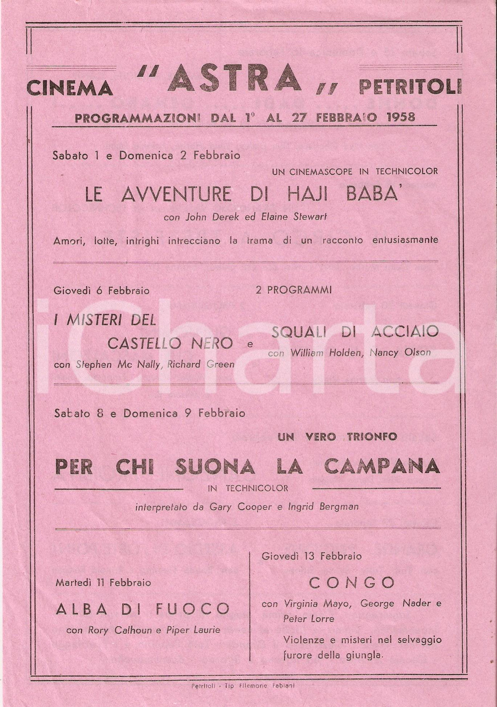 Materiale pubblicitario d’epoca 1958 PETRITOLI Cinema ASTRA Volantino programmazione PER CHI SUONA LA CAMPANA 1