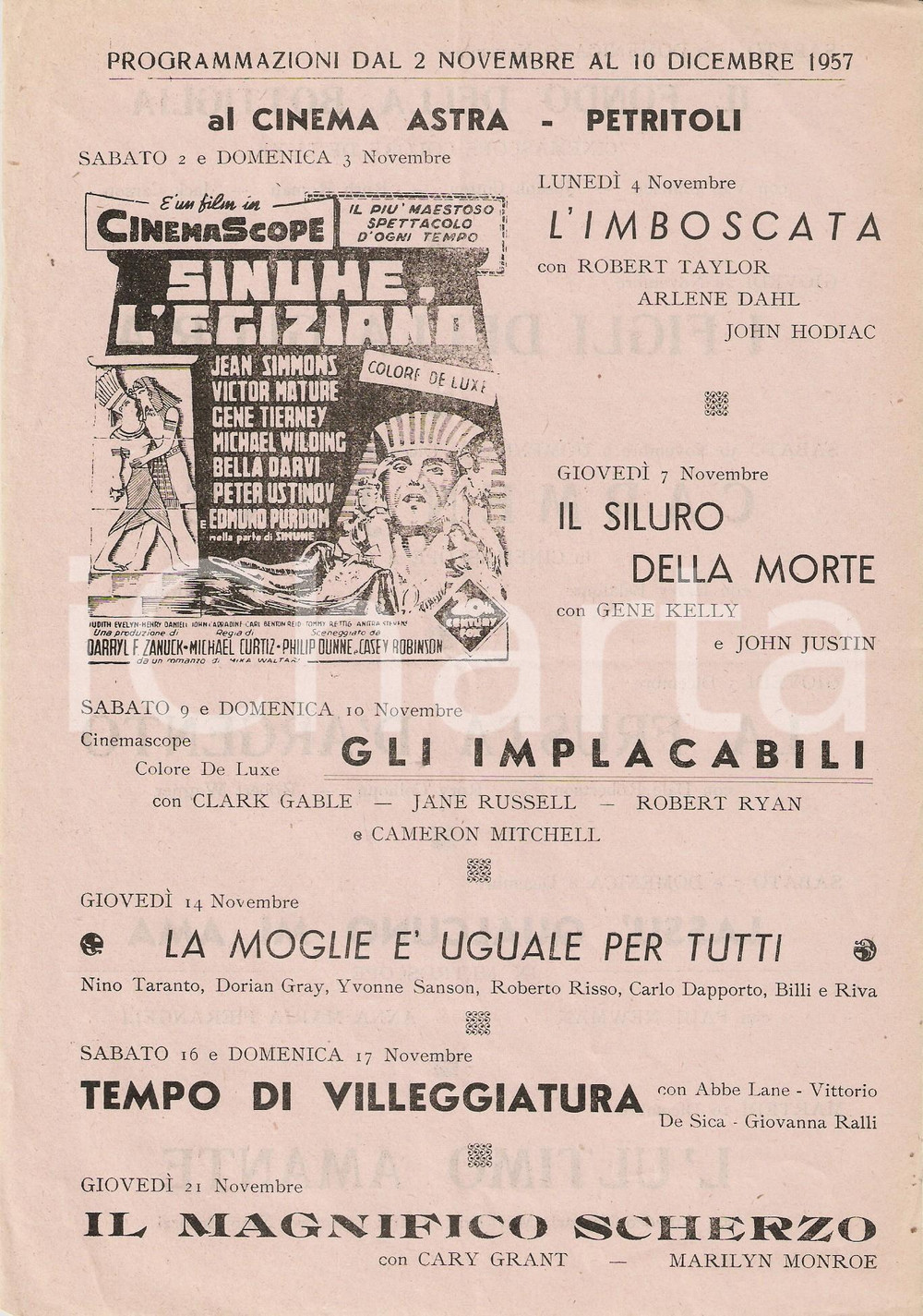 Materiale pubblicitario d’epoca 1957 PETRITOLI AP Cinema ASTRA Volantino programmazione SINHUE L EGIZIANO 1
