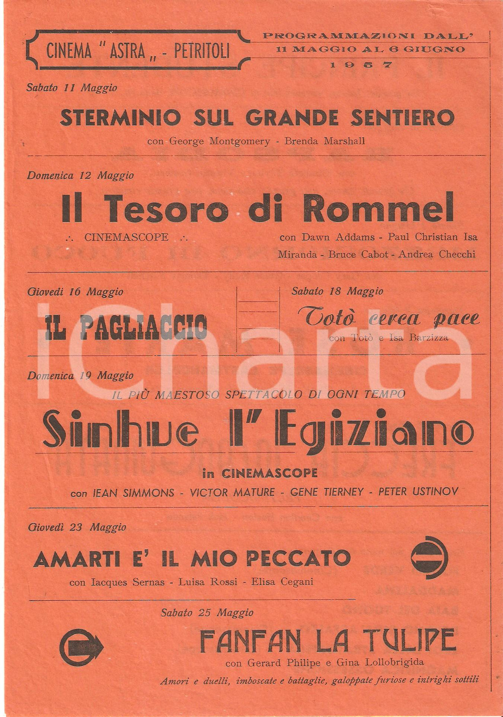 Materiale pubblicitario d’epoca 1957 PETRITOLI AP Cinema ASTRA Volantino programmazione TOTO  CERCA PACE 1