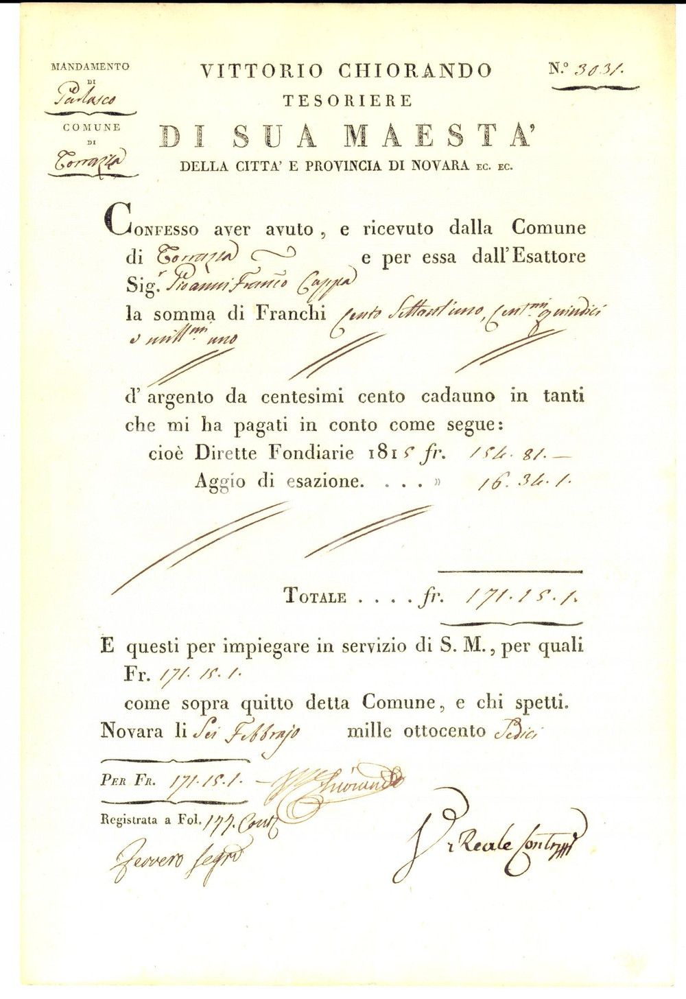 Documento originale, autentico 1816 TORRAZZA PV Ricevuta tesoriere Vittorio CHIORANDO per dazio fondiario 1