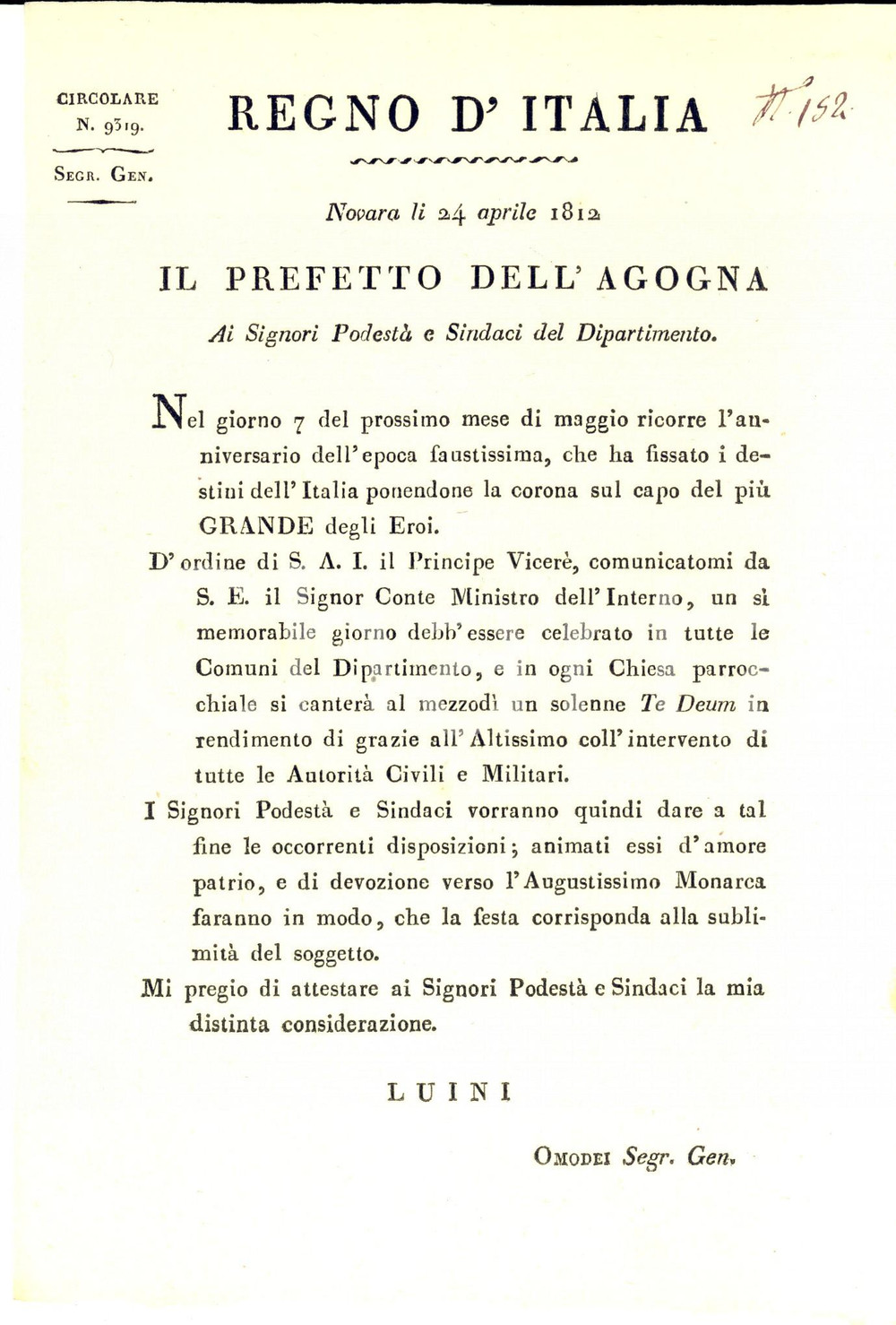 Documento originale, autentico 1812 REGNO D ITALIA NOVARA Te Deum per anniversario incoronazione Napoleone 1