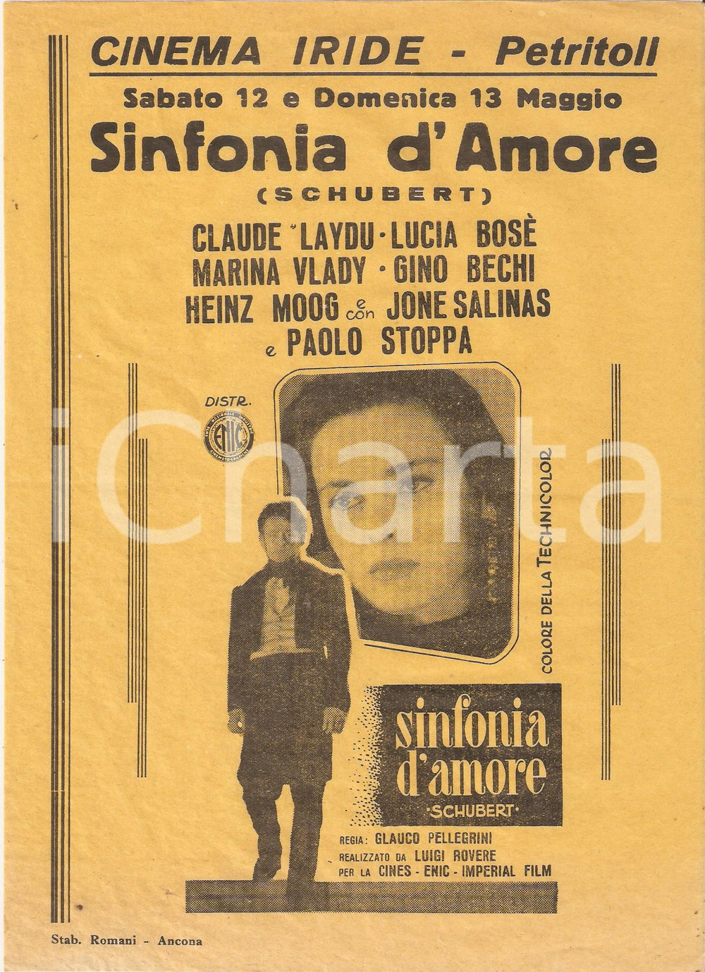 Materiale pubblicitario d’epoca 1956 PETRITOLI Cinema IRIDE proiezione SINFONIA D AMORE  SCHUBERT Volantino 1