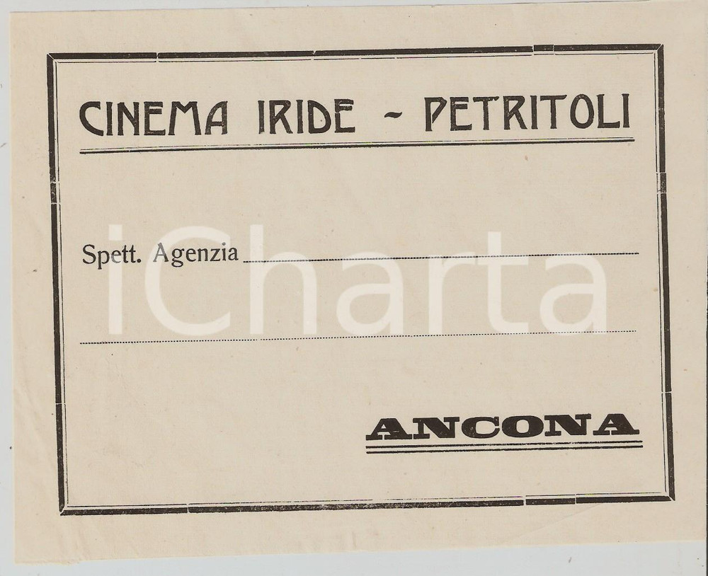 Materiale pubblicitario d’epoca 1955 ca PETRITOLI AP Cinema IRIDE Etichetta da spedizione 15x12 cm 1
