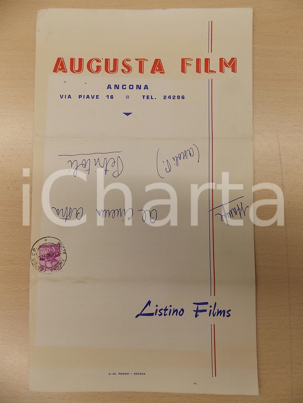 Materiale pubblicitario d’epoca 1965 ANCONA  AUGUSTA FILMS Listino film BELLOTTI Indief FLORIDA HEMISPHERE 1