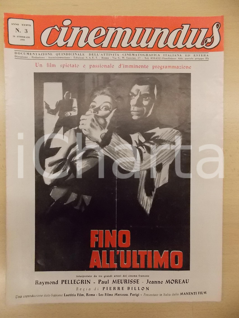 Giornale, rivista storica 1958 CINEMUNDUS  FINO ALL ULTIMO Film Pierre BILLON Periodico anno XXXVII n.3 1
