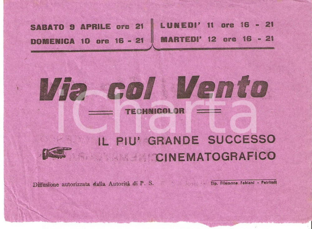 Materiale pubblicitario d’epoca 1951 PETRITOLI AP Proiezione di VIA COL VENTO Volantino pubblicitario 17x12 1