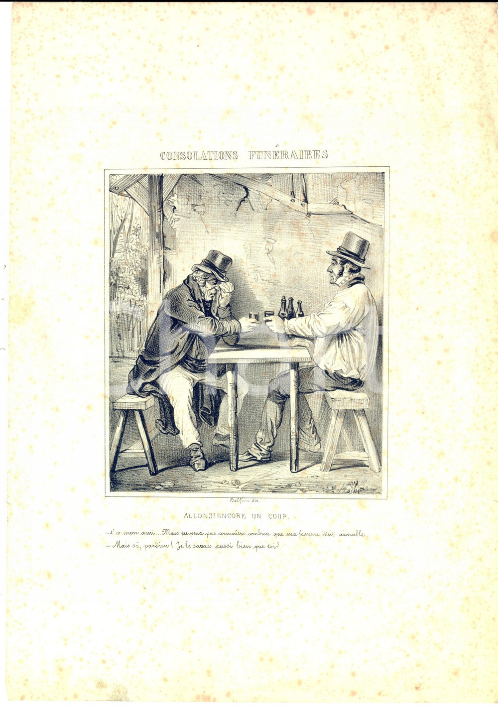 Stampa, bozzetto originale 1839 PARIS Le MusÃ©e pour rire  Consolations funÃ©raires  Encore un coup GRAVURE 1