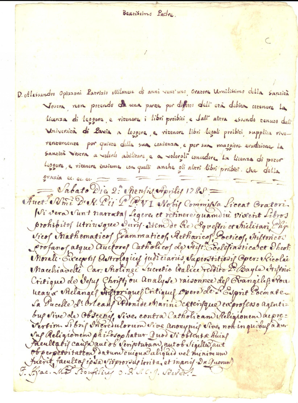 Documento originale, autentico 1785 MILANO Licenza PIO VI ad Alessandro OPIZZONI per lettura libri proibiti 1