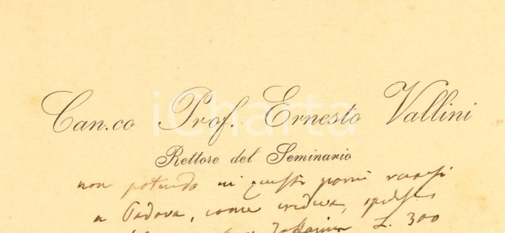 Autografo originale 1890 ca ROVIGO Canonico prof. Ernesto VALLINI  Biglietto da visita autografo 1