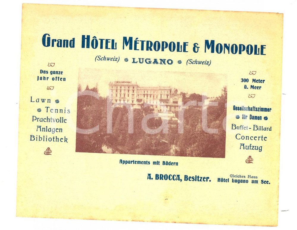 Materiale pubblicitario d’epoca 1930 ca LUGANO Grand Hotel METROPOLE & MONOPOLE  Proprietario BROCCA Volantino 1