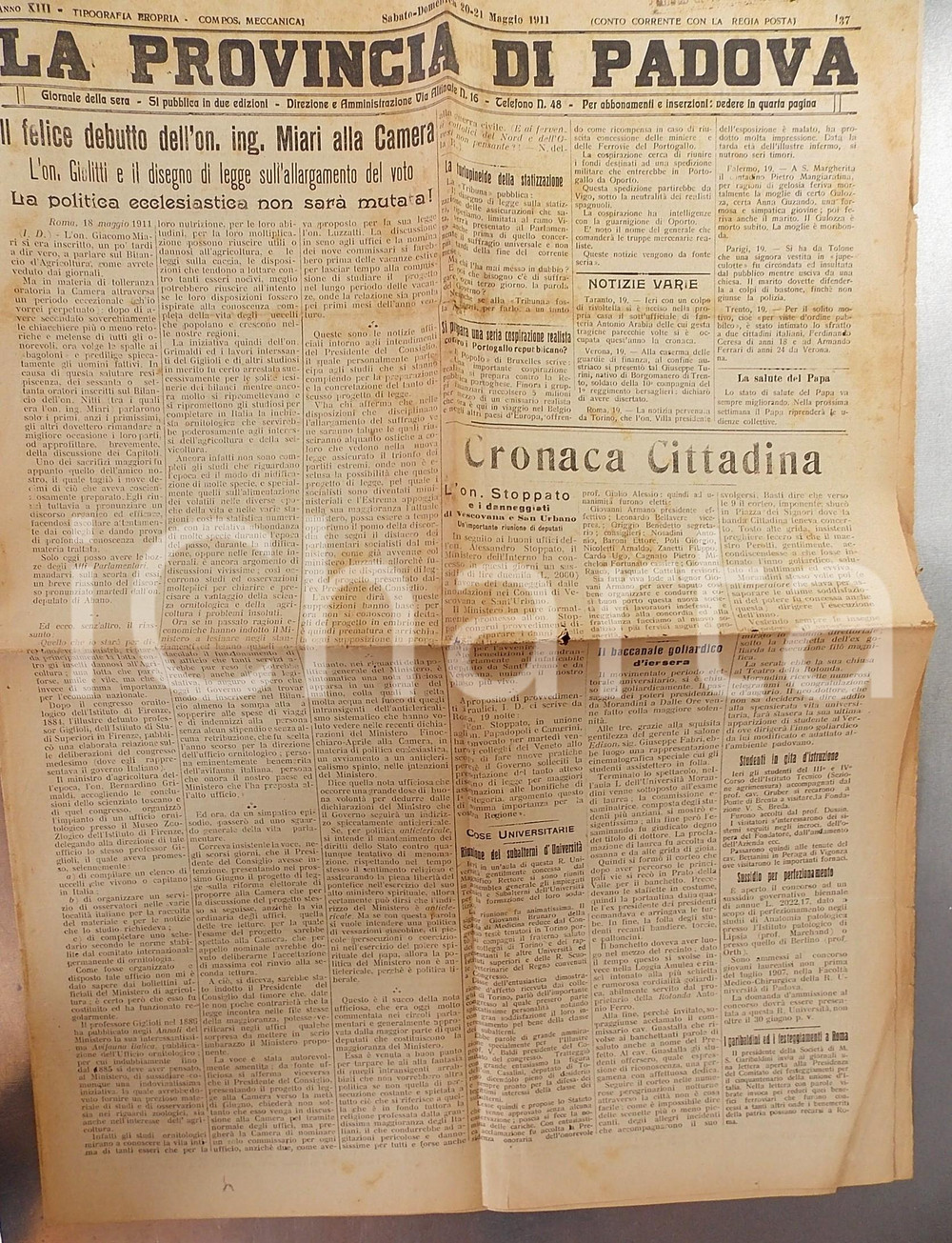 Giornale, rivista storica 1911 LA PROVINCIA DI PADOVA Debutto dell on. Giacomo MIARI alla Camera Giornale 1