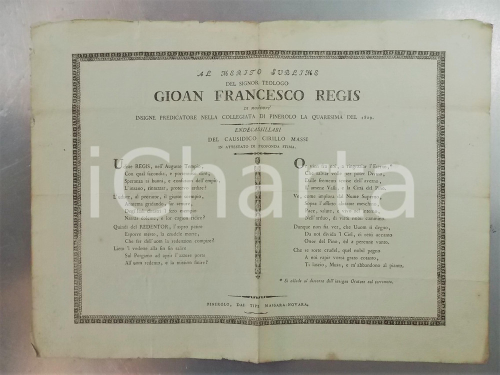 Documento originale, autentico 1809 PINEROLO Al teologo Gioan Francesco REGIS  Versi Cirillo MASSI Manifesto 1
